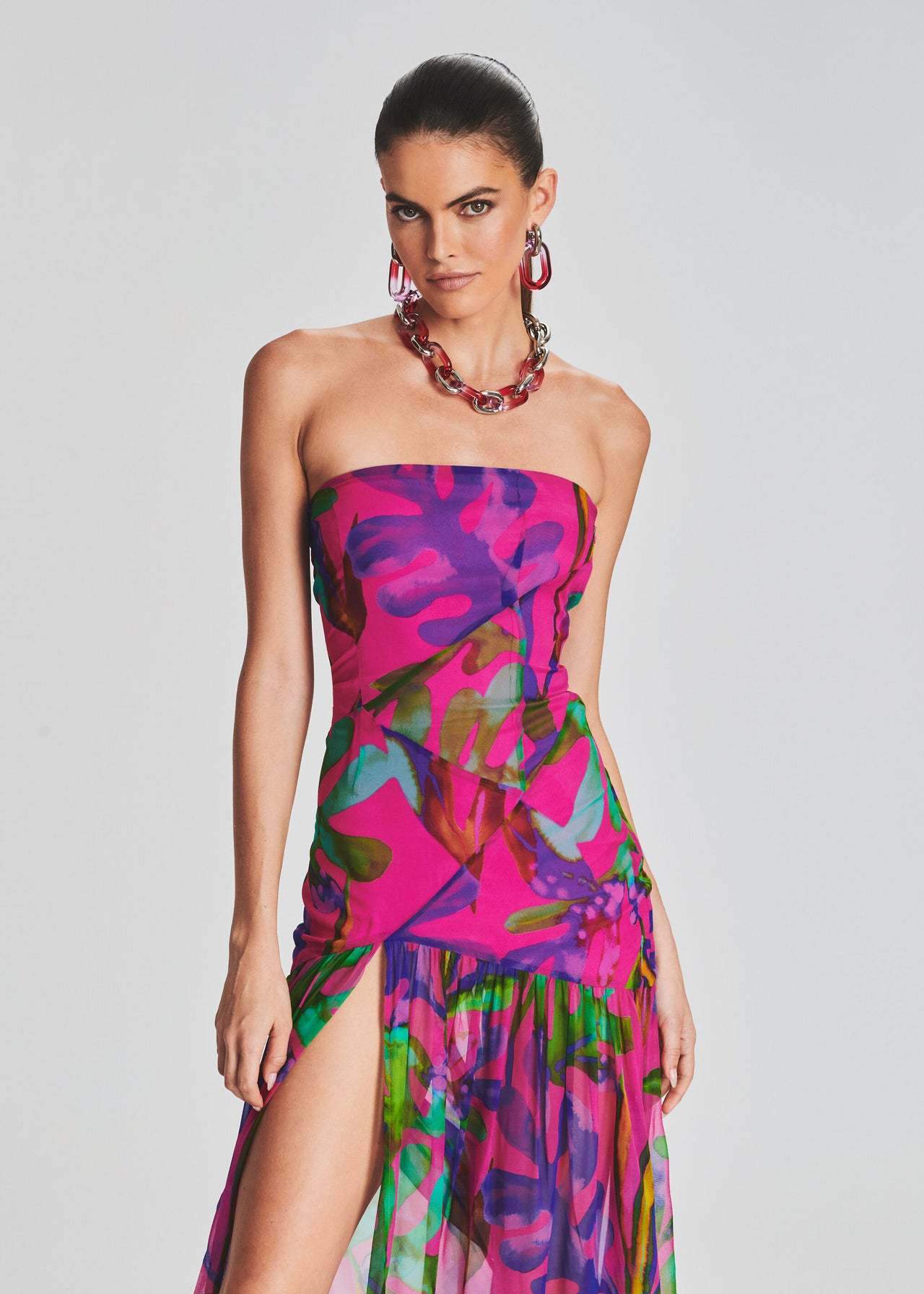 Vestido largo sin tirantes con abertura y estampado Pam 