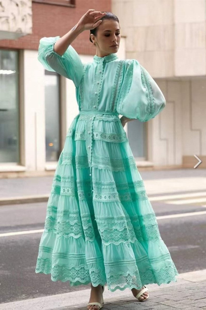 Vestido largo Paula con mangas abullonadas y encaje bordado 