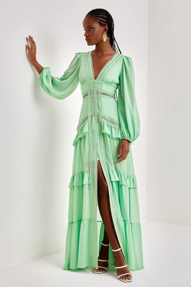 Vestido largo con volantes de encaje bordado Penny 