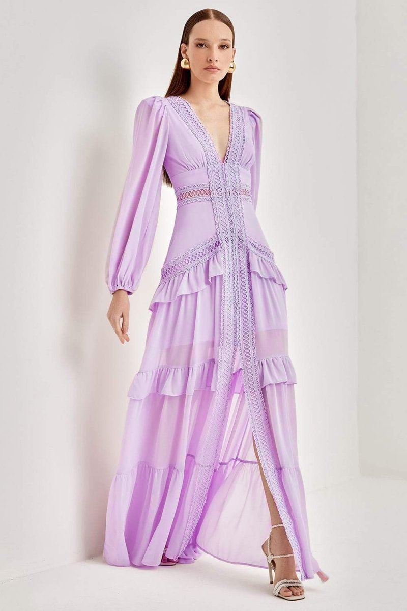 Vestido largo con volantes de encaje bordado Penny 