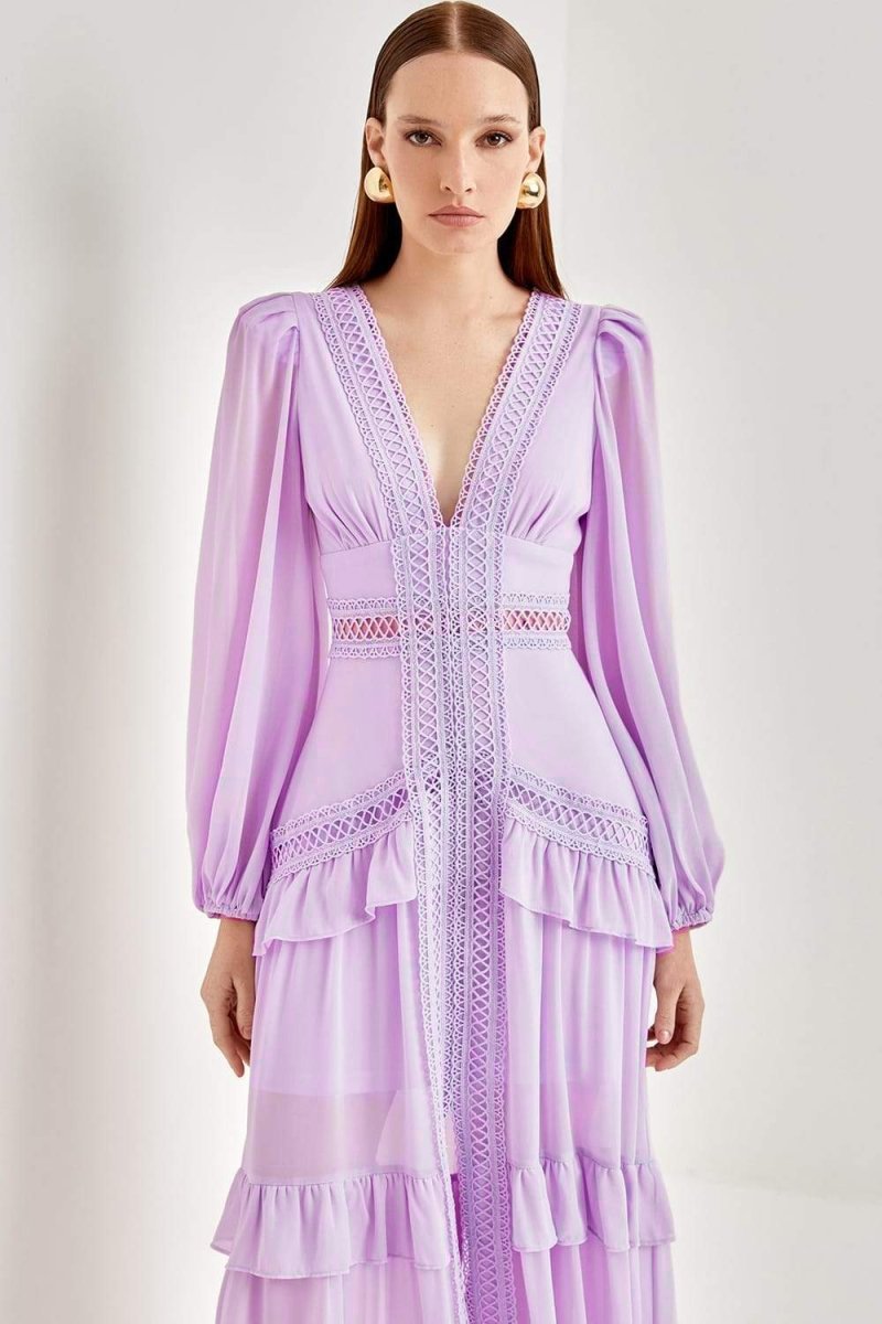 Vestido largo con volantes de encaje bordado Penny 