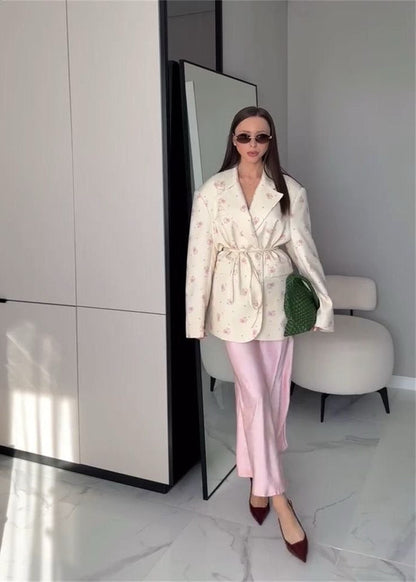 Blossom Garden - Belted Floral Print Blazer