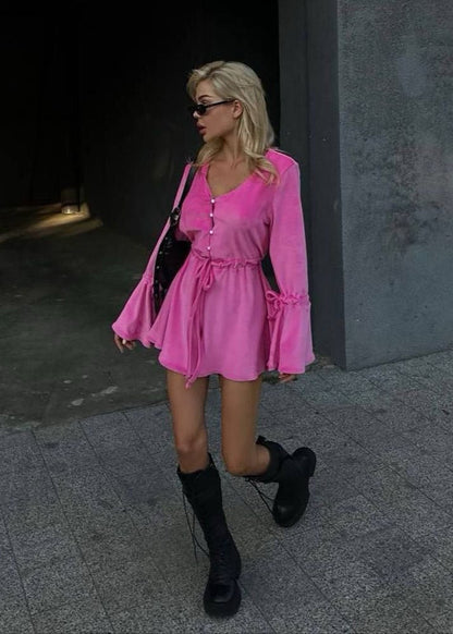 FlareCandy Tie-Front Romper – Hot Pink Long Sleeve Mini Playsuit