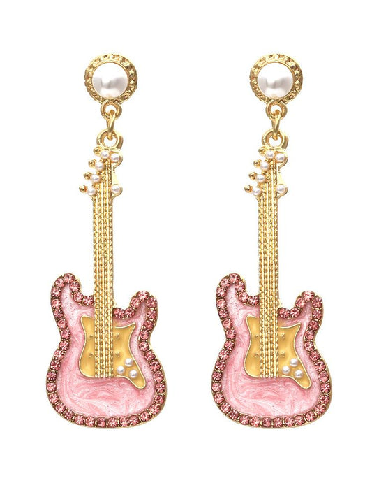 Pendientes colgantes de diamante con forma de guitarra rosa 
