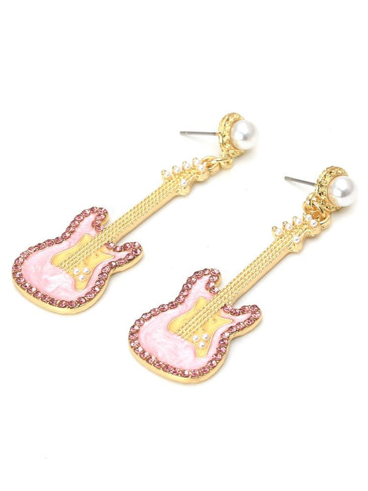 Pendientes colgantes de diamante con forma de guitarra rosa 