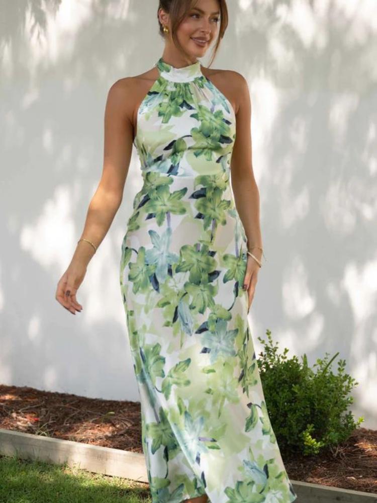Vestido midi de satén con cuello halter, espalda descubierta y estampado Gill 