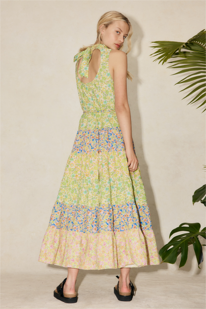 Floral Stand Collar Sleeveless Midi Dress