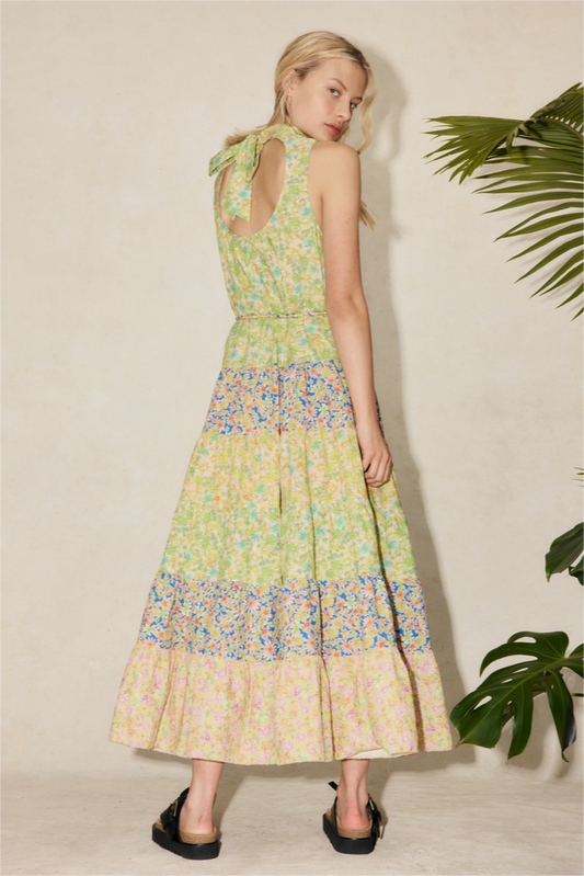 Floral Stand Collar Sleeveless Midi Dress