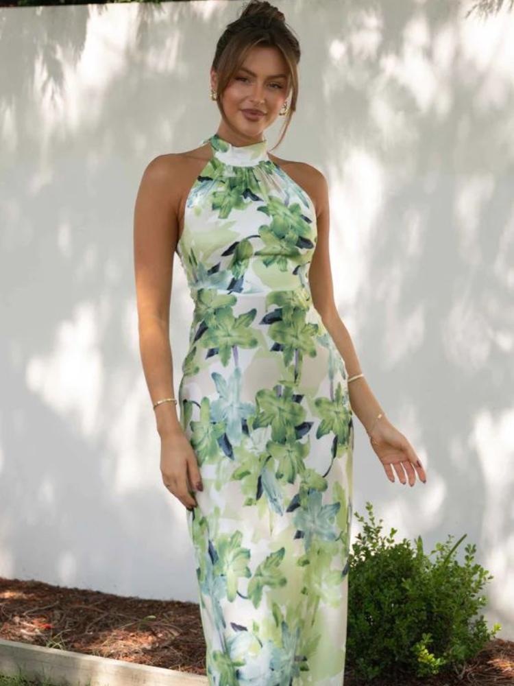 Vestido midi de satén con cuello halter, espalda descubierta y estampado Gill 