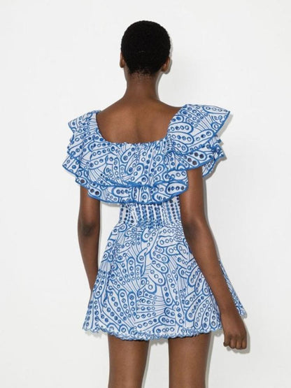 Vestido mini con vuelo y corpiño con volantes y encaje bordado Dolly 