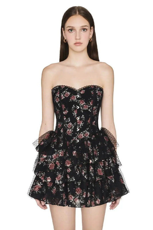Vestido mini con corsé de malla y lunares con encaje floral 