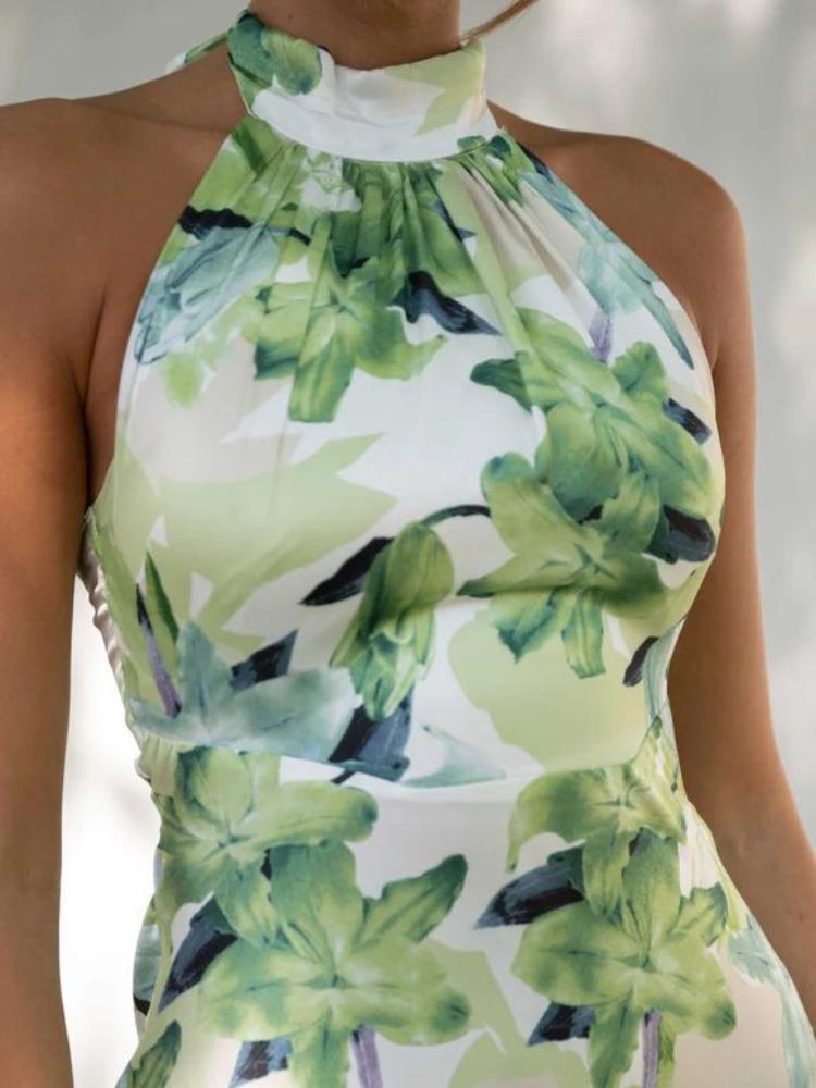 Vestido midi de satén con cuello halter, espalda descubierta y estampado Gill 