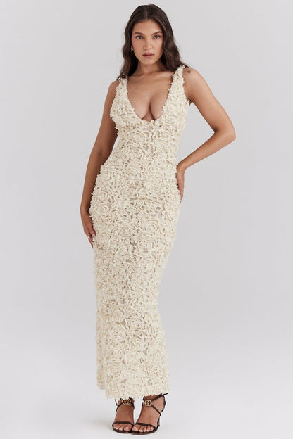 Floral Applique V-neck Maxi Mesh Dress