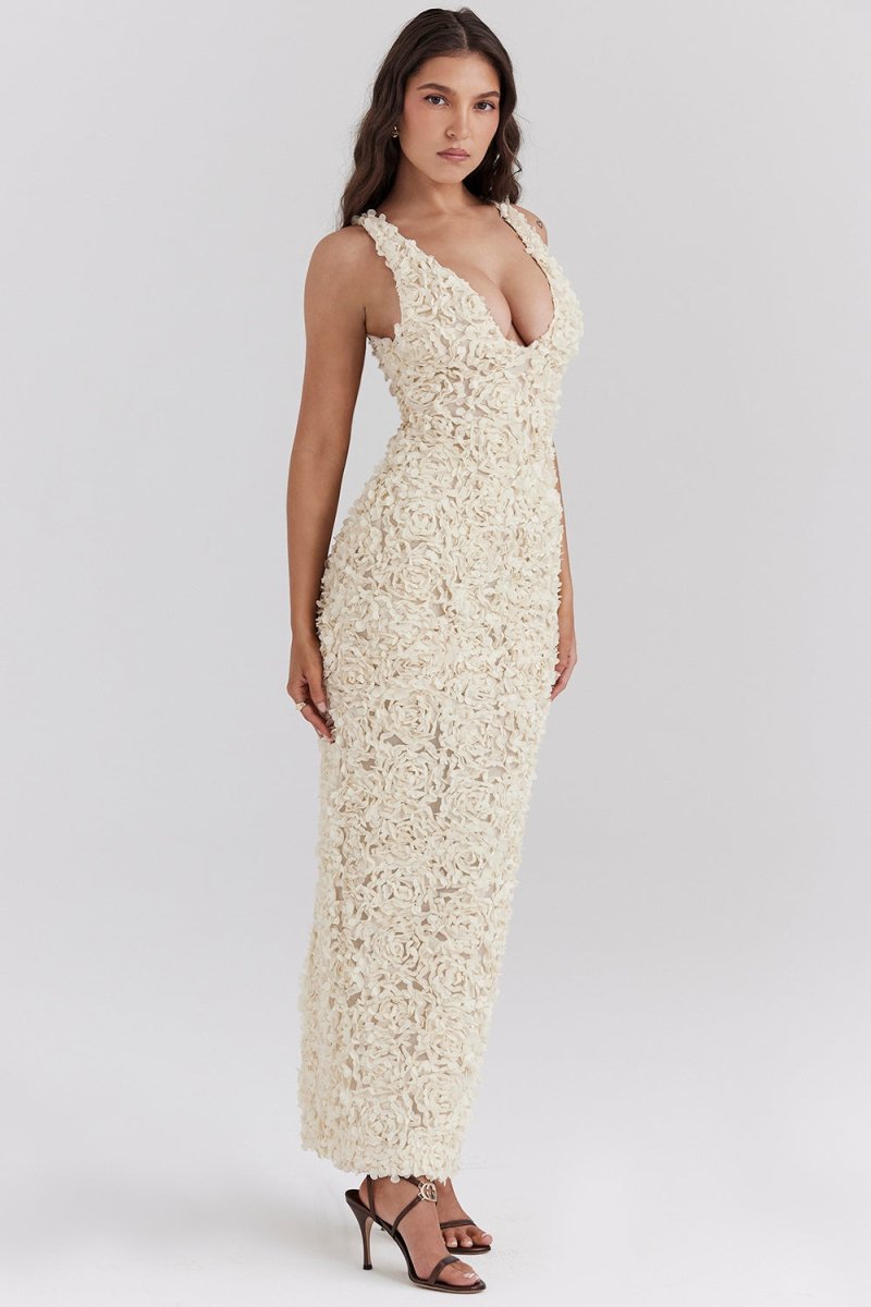 Floral Applique V-neck Maxi Mesh Dress