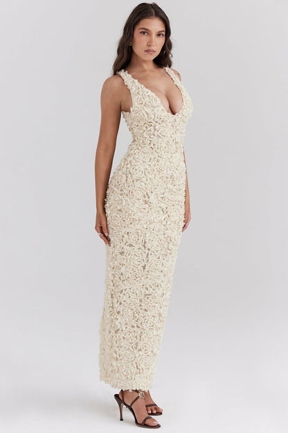 Floral Applique V-neck Maxi Mesh Dress