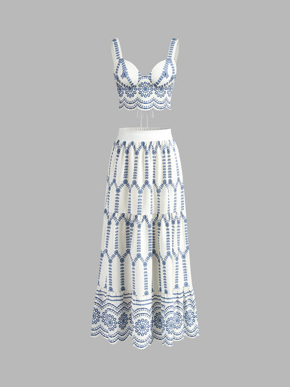 Santorini | Women's Embroidered Crop Top & Maxi Skirt Co-Ord Set