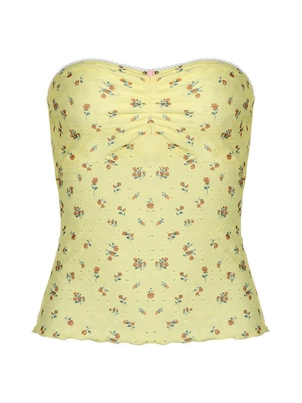 Yellow Sweet Lace Cutout Ruffle Bandeau Top