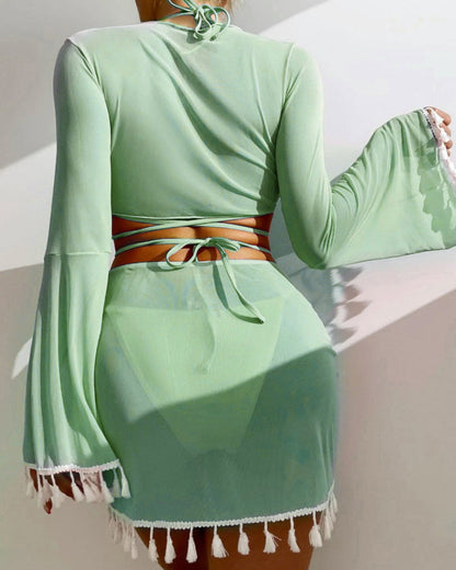 Tassel Cover-up Mesh Miniskirt Bikini