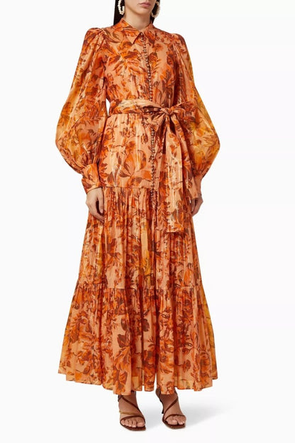 Vestido largo con mangas abullonadas y estampado Queena 