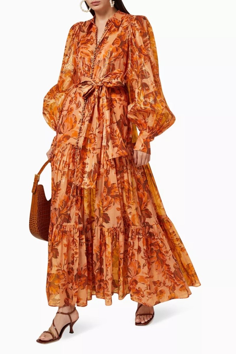 Vestido largo con mangas abullonadas y estampado Queena 