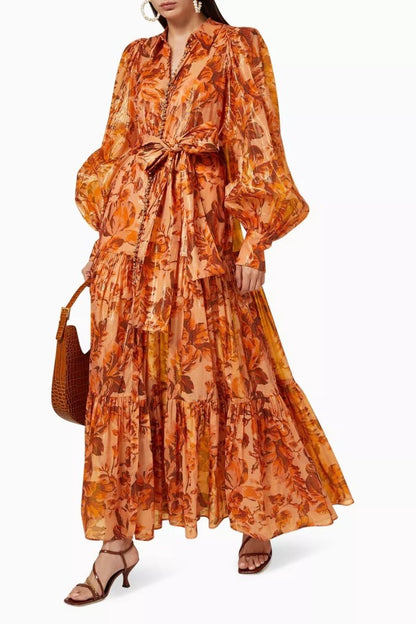 Vestido largo con mangas abullonadas y estampado Queena 