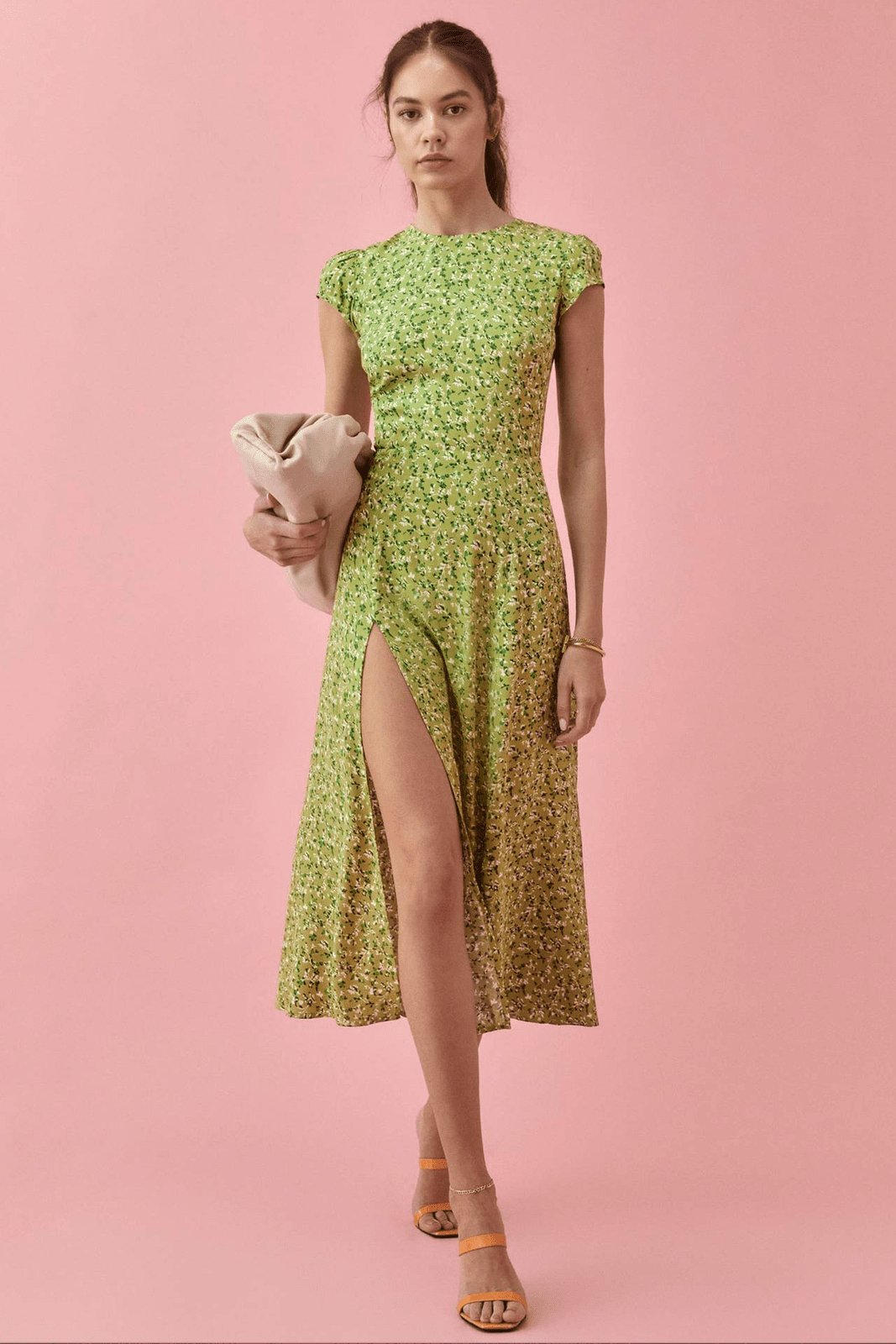 Vestido de verano midi con abertura y cuello redondo estampado Rachel 