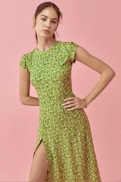 Vestido de verano midi con abertura y cuello redondo estampado Rachel 