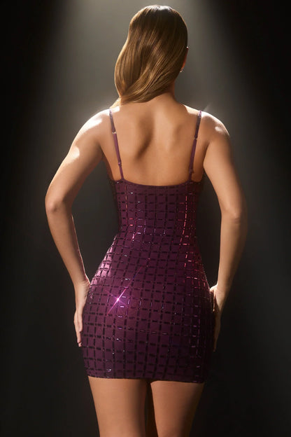 Ronja  Embellished Plunge Mini Dress in Deep Purple