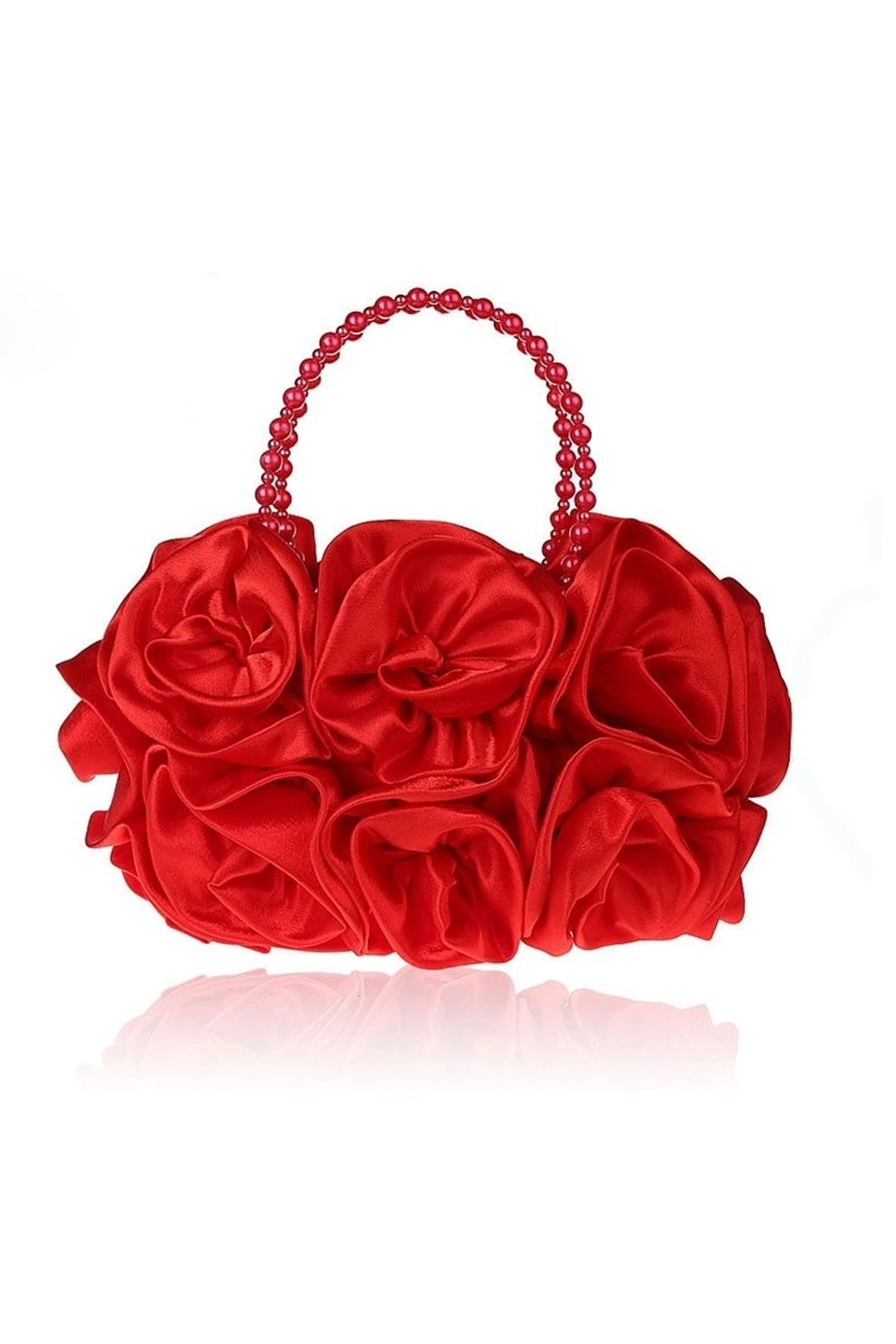 Bolso de mano con rosetas de satén y perlas 
