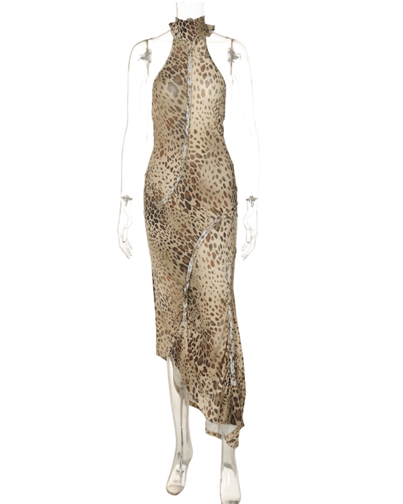 Backless Fitted Irregular Leopard Print Dress