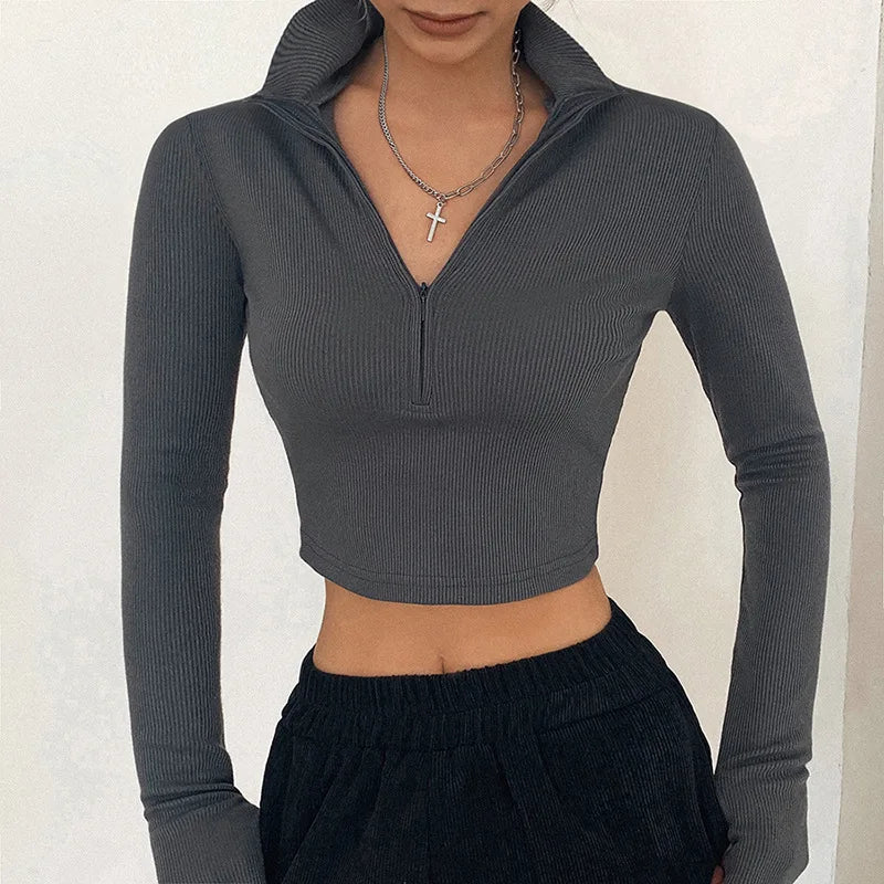 Camiseta informal de color liso para mujer, top corto de cuello alto de manga larga, estilo sexy y sencillo para fiesta y club, novedad primavera verano 2025
