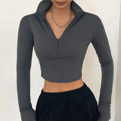 Camiseta informal de color liso para mujer, top corto de cuello alto de manga larga, estilo sexy y sencillo para fiesta y club, novedad primavera verano 2025