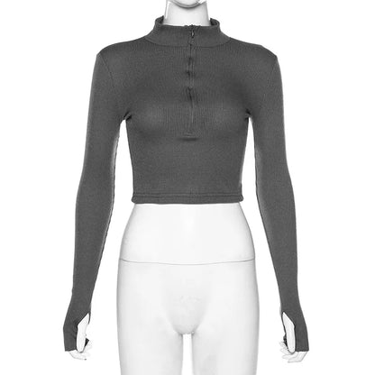 Camiseta informal de color liso para mujer, top corto de cuello alto de manga larga, estilo sexy y sencillo para fiesta y club, novedad primavera verano 2025