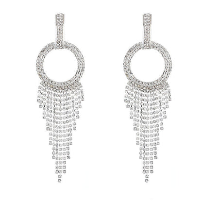Sparkly Crystal Hoop Fringe Dangle Earrings - Silver