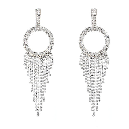 Sparkly Crystal Hoop Fringe Dangle Earrings - Silver