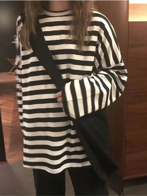 spring Autumn Women harajuku Striped Tshirt Long Sleeve O-Neck T-Shirts ulzzang Korean Casual T Shirt Femme black Tops