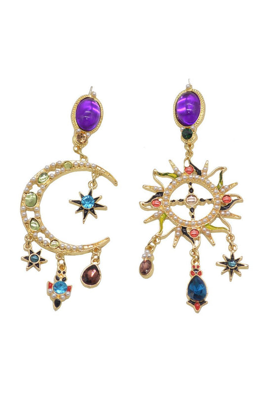 Pendientes largos asimétricos colgantes Sol y Luna 