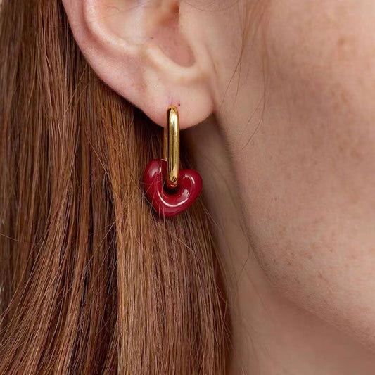 Heart 18K Gold Plated Enamel Hollow Hoop Earrings