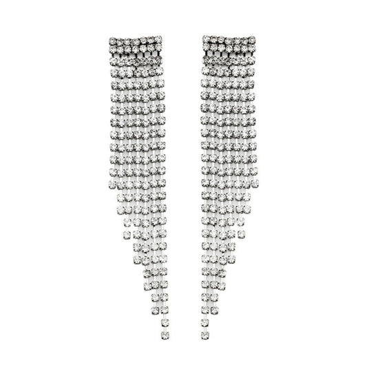 Rhinestone Long Tassel Dangle Earrings Silver