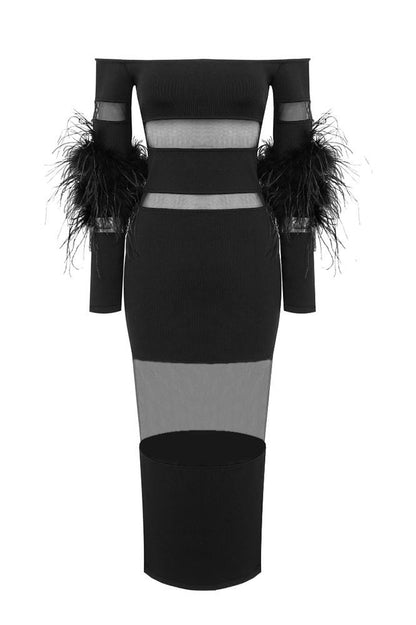 Vestido midi de vendaje con plumas de Tammy 