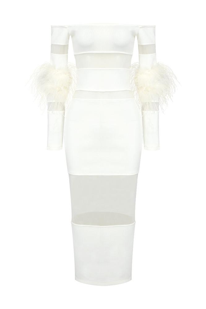 Vestido midi de vendaje con plumas de Tammy 