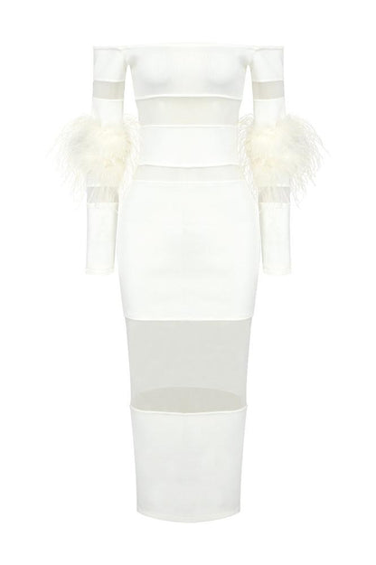 Vestido midi de vendaje con plumas de Tammy 