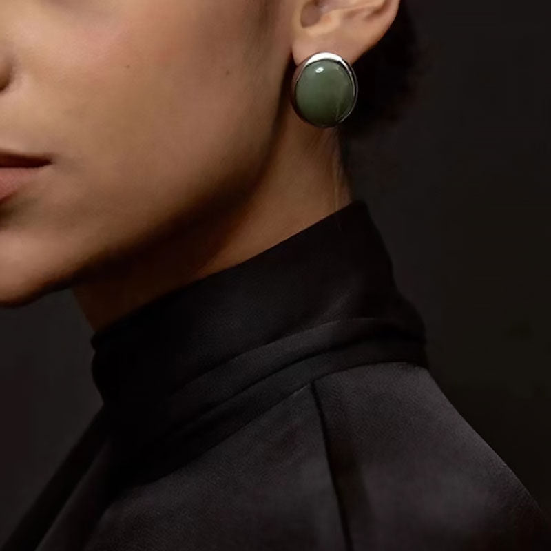 THE HOURS Emerald Jade Rhodium Plated Stud Earrings