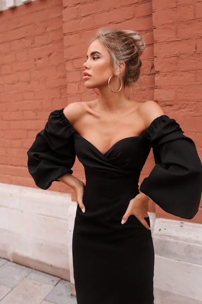 Vestido midi Lorraine con hombros descubiertos y mangas abullonadas 