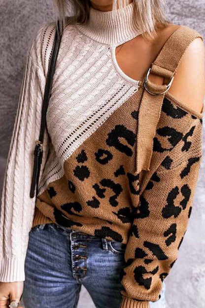 Suéter frío de cuello alto con estampado de leopardo y patchwork