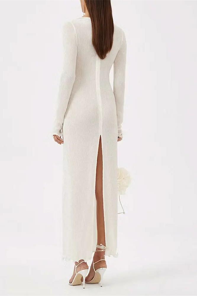 Vestido largo de poliéster con escote en V y abertura floral Trista 