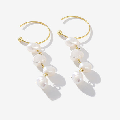 Sterling Silver Plated Two Tone Baroque Pearl C Hoop Drop Earrings