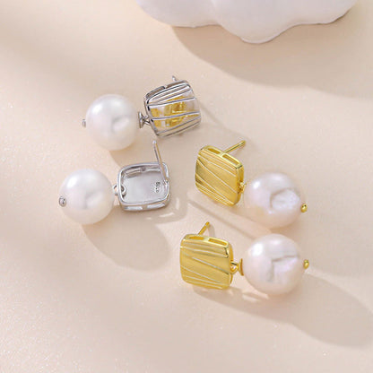 Sterling Silver Plated Two Tone Square Baroque Pearl Drop Earrings