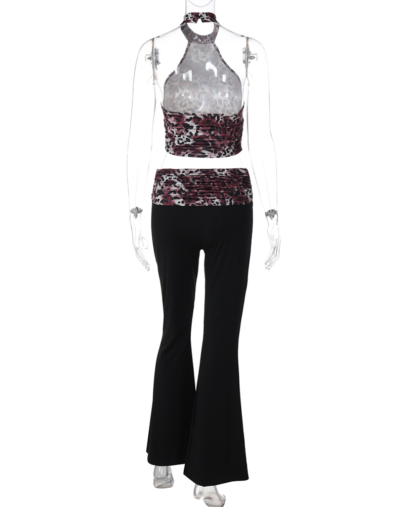 Leopard Print Paneled Flared Trousers Suit