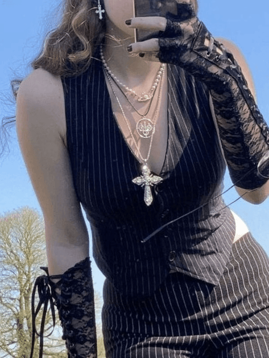 Black V Neck Pinstriped Button Corset Top